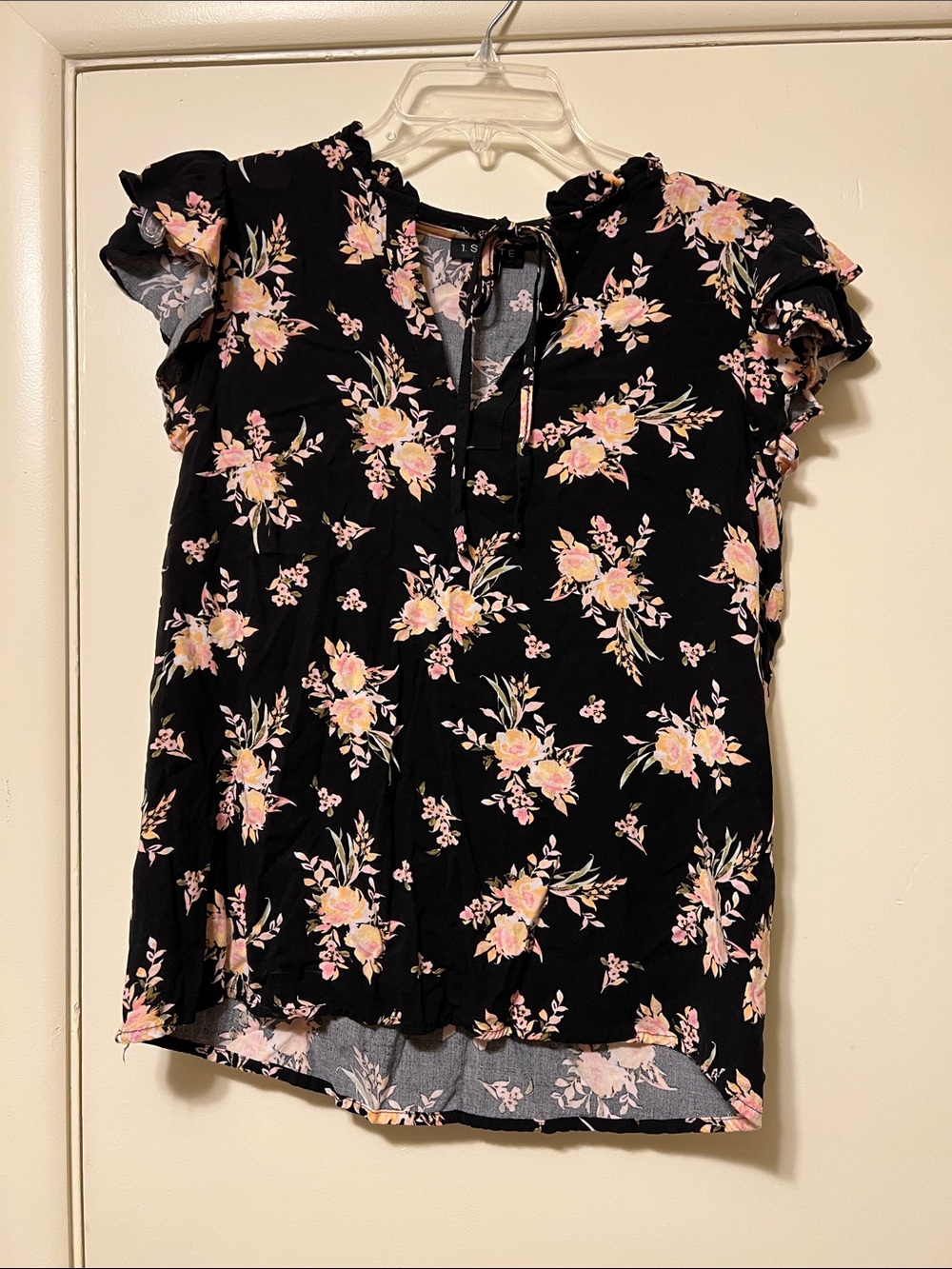 1. State Black Floral Tie-Neck Ruffle Sleeve Blouse
